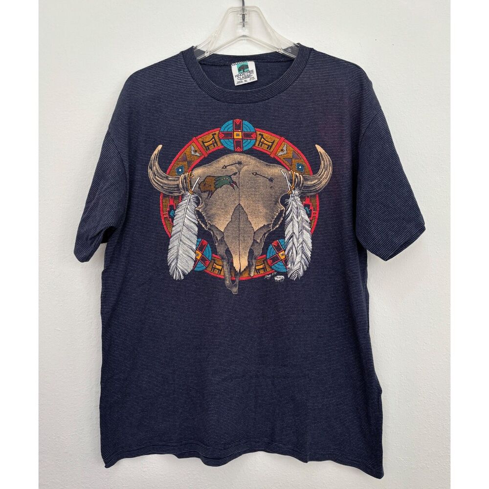 Vintage 1991 Image West Native American Men T Shirt XL Bull Skull Single Stitch